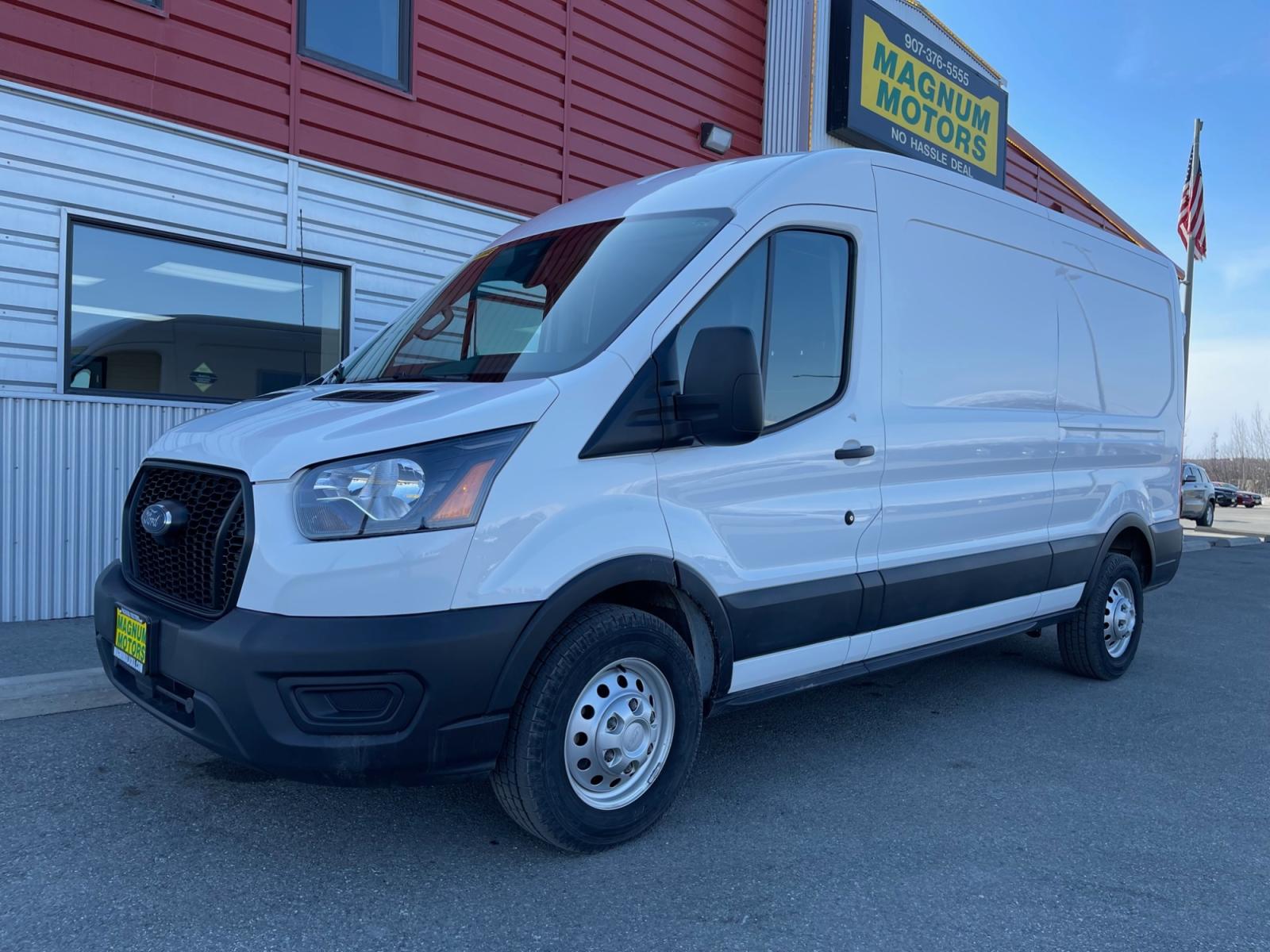 2021 White /Gray Ford Transit 250 Van Med. Roof w/Sliding Pass. 148-in. WB (1FTBR2C87MK) with an 3.5L V6 DOHC 24V engine, 6A transmission, located at 1960 Industrial Drive, Wasilla, 99654, (907) 376-5555, 61.573475, -149.400146 - Photo #0
