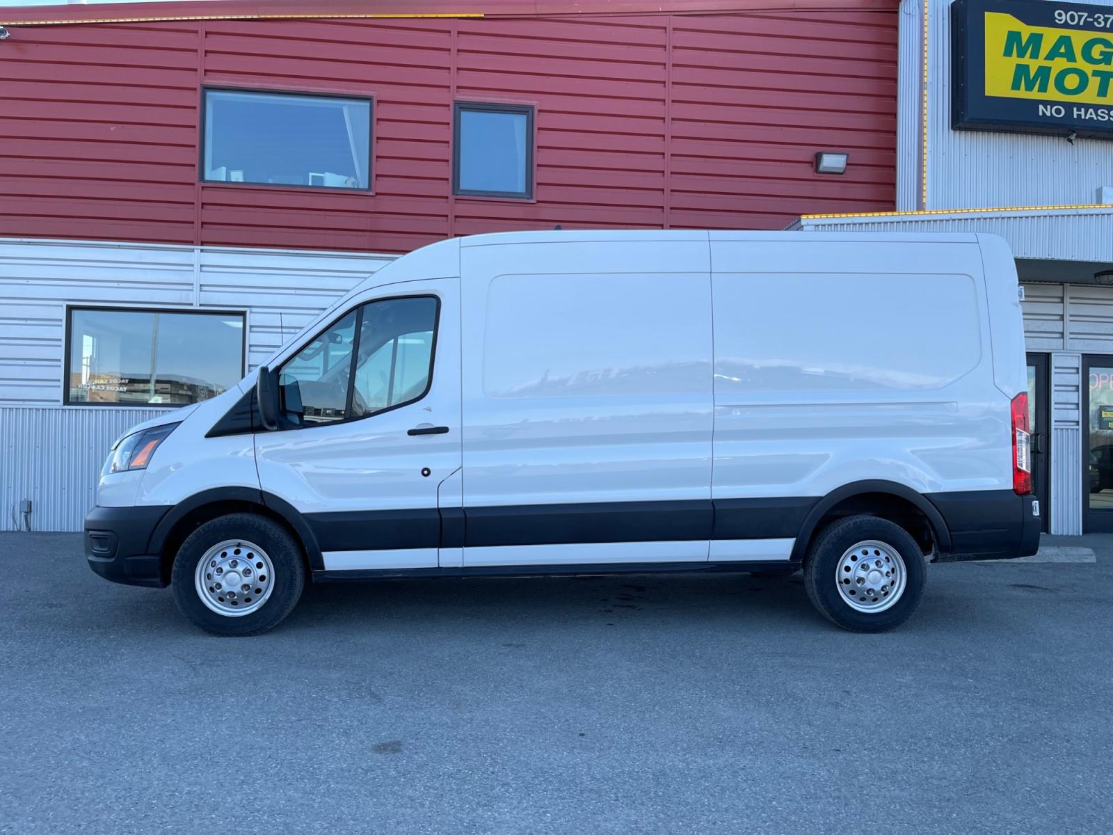 2021 White /Gray Ford Transit 250 Van Med. Roof w/Sliding Pass. 148-in. WB (1FTBR2C87MK) with an 3.5L V6 DOHC 24V engine, 6A transmission, located at 1960 Industrial Drive, Wasilla, 99654, (907) 376-5555, 61.573475, -149.400146 - Photo #1
