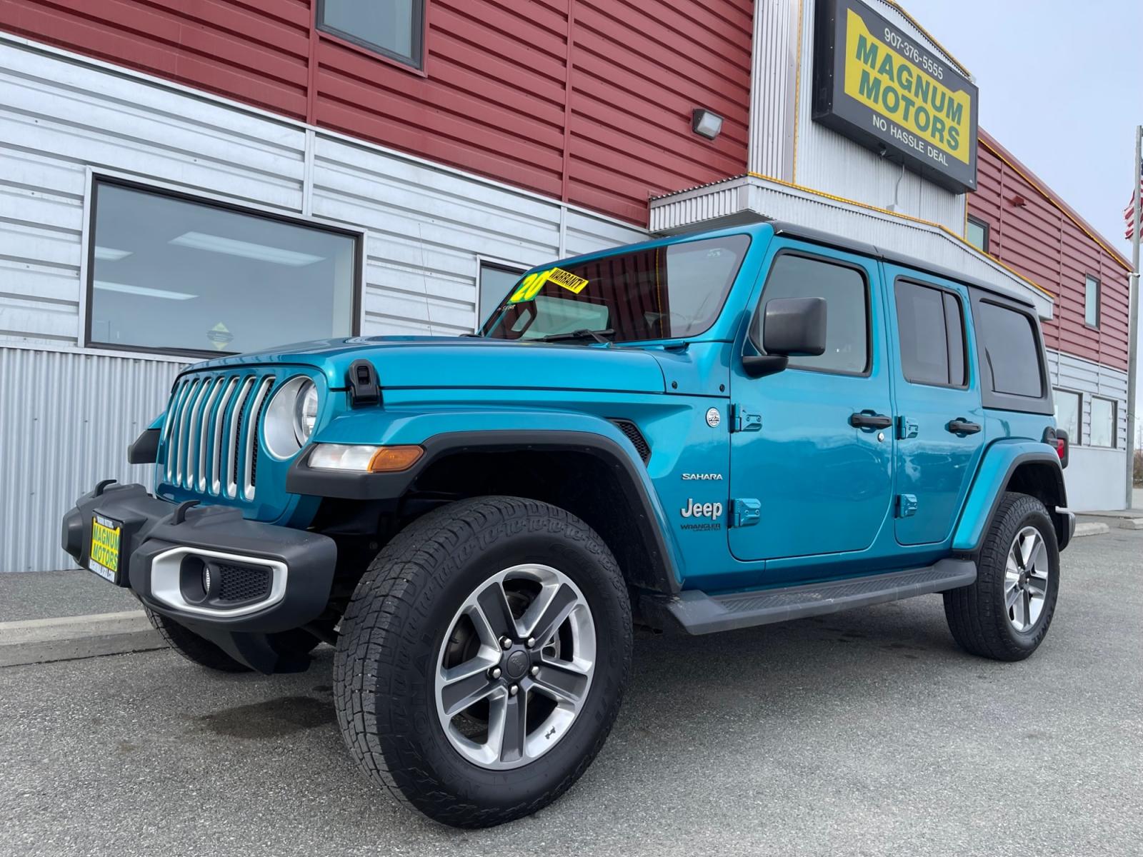 2020 Teal /Black Jeep Wrangler Unlimited Sahara (1C4HJXENXLW) with an 2.0L L4 DOHC 16V TURBO engine, 6A transmission, located at 1960 Industrial Drive, Wasilla, 99654, (907) 376-5555, 61.573475, -149.400146 - Photo #0