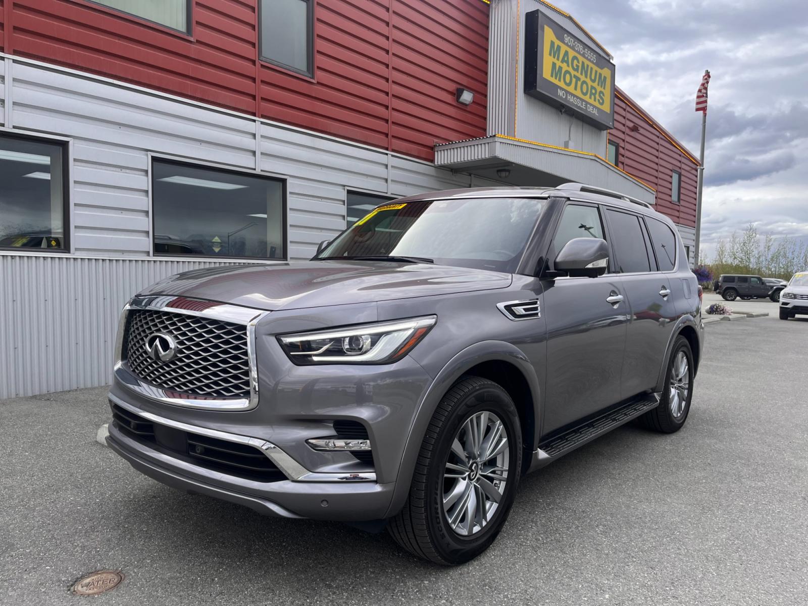 2021 Gray Infiniti QX80 Luxe 4WD (JN8AZ2AE5M9) with an 5.6L V8 DOHC 32V engine, 7A transmission, located at 1960 Industrial Drive, Wasilla, 99654, (907) 376-5555, 61.573475, -149.400146 - Photo #0